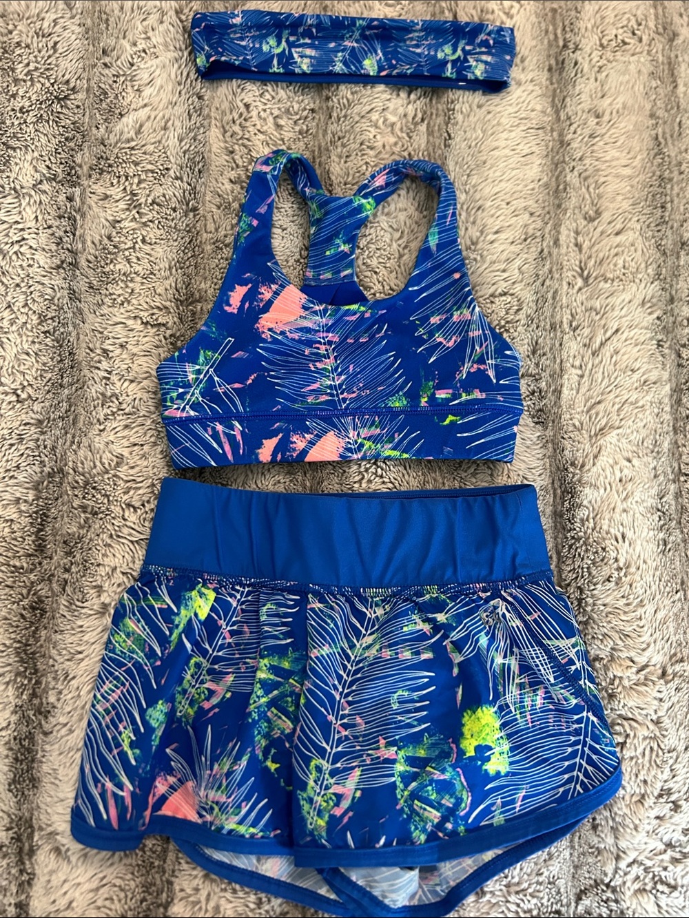 DSG Girls 3-Piece Athletic Set Sports Bra Shorts Headband Blue - XS 6